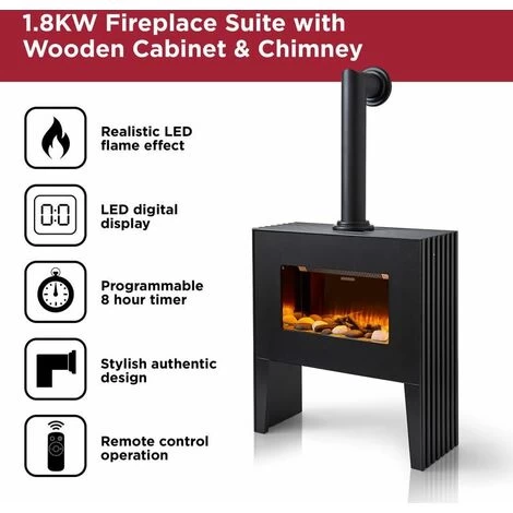 Black & Decker Black+Decker BXFH45007GB Realistic LED Flame Effect Fireplace Suite & Chimney Flue 1.8KW, Adjustable Thermostat 5-37C, 8 Hour Timer, LED Display And Remote Control, 6 Flame Brightness Settings, Black - Image 2