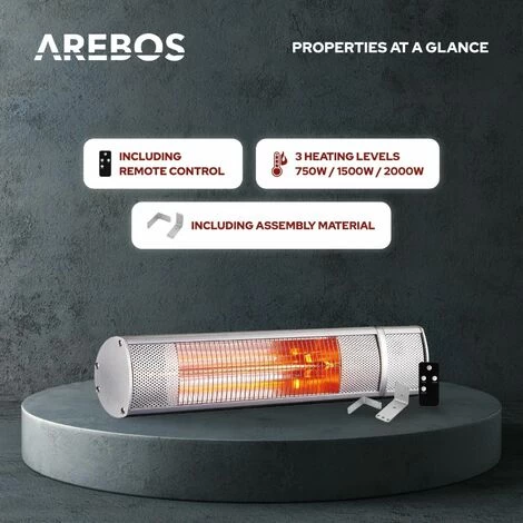 AREBOS 2000 W Infrared Radiant Heater Black With Remote Control 3 Heat Levels Gastro Bar Radiant Heater Quartz Radiant Heater Patio Heater Changing Table Radiant Wall Heater - Image 3