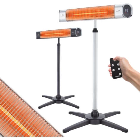 AREBOS Infrared Heater 2000 W With Remote Control With Tripod Height Adjustable 60° Tilt Angle Swivelling 2 Heat Settings Includes Wall Mount Indoor And Outdoor Use Silver