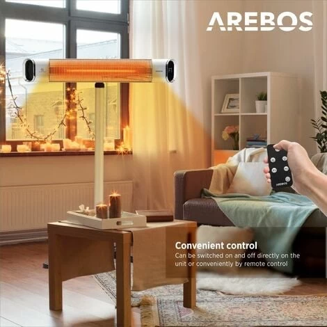 AREBOS Infrared Heater 2000 W With Remote Control With Tripod Height Adjustable 60° Tilt Angle Swivelling 2 Heat Settings Includes Wall Mount Indoor And Outdoor Use Silver - Image 3