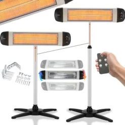 AREBOS Infrared Radiant Heater 2500 W With Remote Control With Cross Stand Height Adjustable Swivelling Protection Class IP34 3 Heat Settings Incl. Wall Mounting Indoor And Outdoor Use