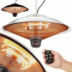 AREBOS Radiant Ceiling Heater 2000 W + Remote Control 3 Heat Settings Infrared Radiant Heater Patio Heater Patio Heater Silver Round + LED Lamp