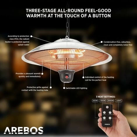 AREBOS Radiant Ceiling Heater 2000 W + Remote Control 3 Heat Settings Infrared Radiant Heater Patio Heater Patio Heater Silver Round + LED Lamp - Image 3