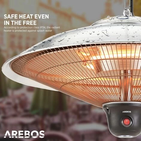 AREBOS Radiant Ceiling Heater 2000 W + Remote Control 3 Heat Settings Infrared Radiant Heater Patio Heater Patio Heater Silver Round + LED Lamp - Image 4