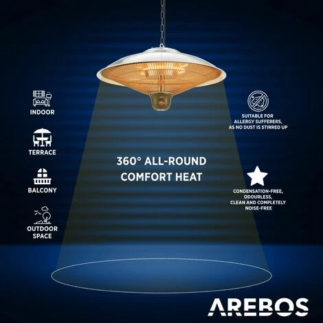 AREBOS Radiant Ceiling Heater 2000 W + Remote Control 3 Heat Settings Infrared Radiant Heater Patio Heater Patio Heater Silver Round + LED Lamp - Image 5