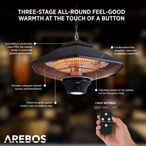 AREBOS Radiant Ceiling Heater 2000 W + Remote Control 3 Heat Settings Infrared Radiant Heater Patio Heater Patio Heater Black Hexagonal + LED Lamp - Image 3