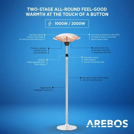 AREBOS Radiant Heater 2 Power Levels & 2 Heating Tubes Incl. Height-adjustable Telescopic Rod Tilt Switch 360° Heat Radiation Heat Lamp Patio Heater - Image 3