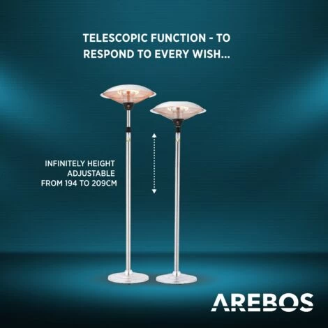AREBOS Radiant Heater 2 Power Levels & 2 Heating Tubes Incl. Height-adjustable Telescopic Rod Tilt Switch 360° Heat Radiation Heat Lamp Patio Heater - Image 4