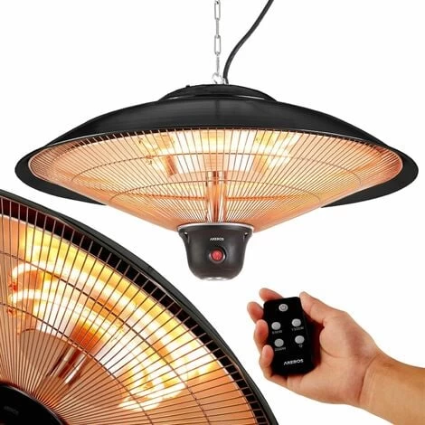 AREBOS Radiant Ceiling Heater 2000 W + Remote Control 3 Heat Settings Infrared Radiant Heater Patio Heater Patio Heater Black Round + LED Lamp