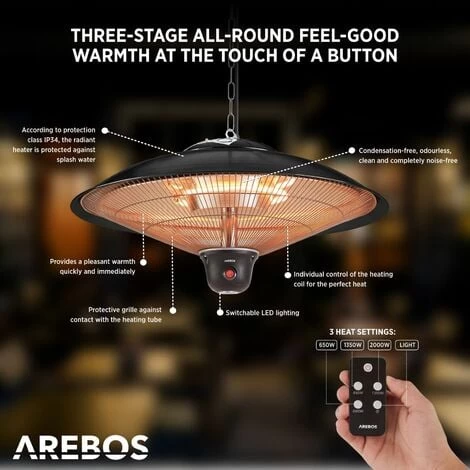 AREBOS Radiant Ceiling Heater 2000 W + Remote Control 3 Heat Settings Infrared Radiant Heater Patio Heater Patio Heater Black Round + LED Lamp - Image 3
