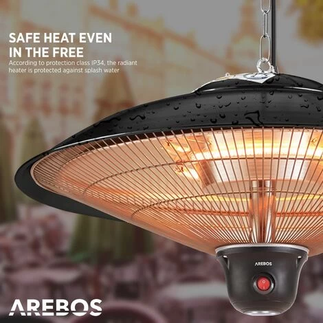AREBOS Radiant Ceiling Heater 2000 W + Remote Control 3 Heat Settings Infrared Radiant Heater Patio Heater Patio Heater Black Round + LED Lamp - Image 4