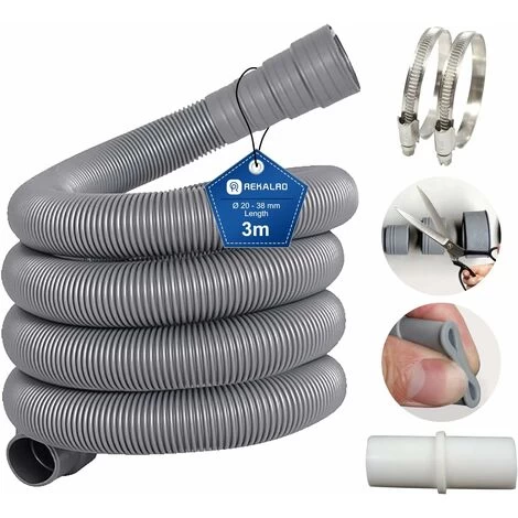RHAFAYRE 3m Washing Machine Hose Dirty Water Drain Hose With Drain Hose Connection And 2 Clamps 20mm Drain Hose Extension For Washing Machine Dishwasher