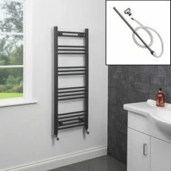 1200 X 450mm Bathroom Heated Towel Rail Dual Fuel Anthracite Flat Manual 17 Rail