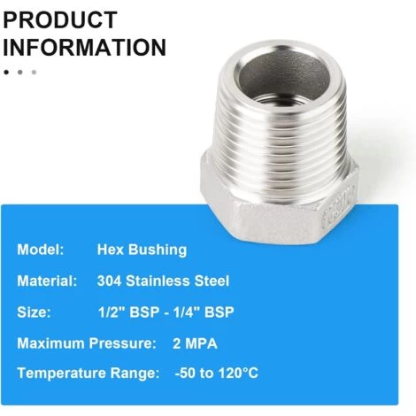 2pcs 1/2 Male To 1/4 Female BSP Hose Adapter Fitting 304 Stainless Steel Reducer Hex Bushing,Male X Female Threaded Connection - Image 2