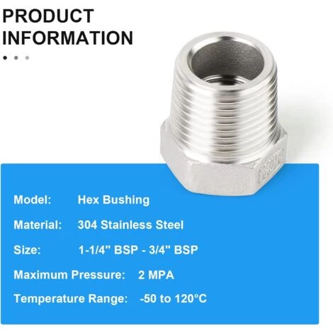 2pcs 1-1/4 Male To 3/4 Female BSP Hose Adapter Fitting 304 Stainless Steel Reducer Hex Bushing,Male X Female Threaded Connection - Image 2