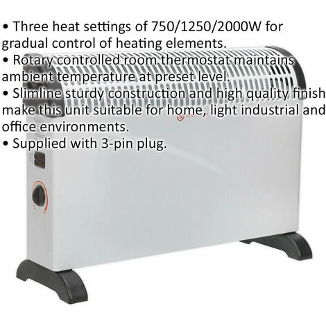 2000W Convector Heater - Rotary Thermostat - 3 Heat Settings - 230V Supply - Image 2