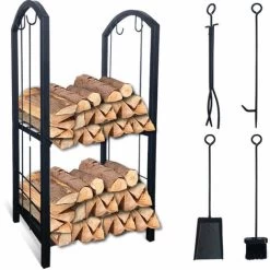 VOUNOT Firewood Log Rack With 4pcs Fireplace Tools, Metal Log Store Indoor, Black, 38 X 33 X 75 Cm