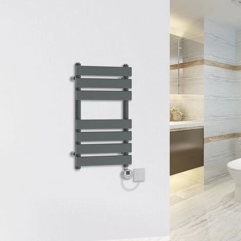 WarmeHaus Prefilled Electric Heated Towel Rail Thermostatic With Chrome LCD Display Heating Element 650x400mm-300W-Sand Grey