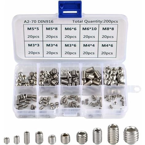 200Pcs Allen Screws Stainless Steel Hexagonal Grub Screws Set Metric Professional Metal Accessories M3 M4 M5 M6 M8