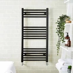 600x800mm Matt Black Heated Towel Warmer Ladder Rail Radiator - Straight