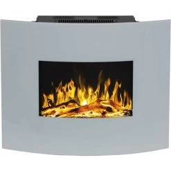 Electric Wall Mounted Heated Fireplace, White, Realistic LED Flame Effect Switchable Fan Heater, Decorative Wooden Thermostat, Gluten Bed, Pebbles