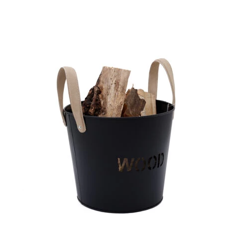 Rowan Small Leather Handled Fireside Wood Bucket Classic Style Iron Suede - Image 3