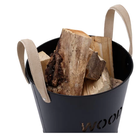 Rowan Small Leather Handled Fireside Wood Bucket Classic Style Iron Suede - Image 4