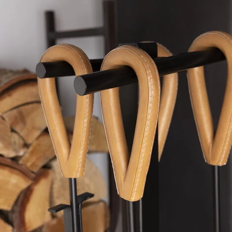 Crabapple Fireside Companion Set Iron Rectangular Base Leather Finish Handles - Image 2