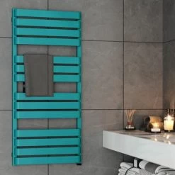 Bathroom Electric Towel Radiator Designer Heated Towel Rail Flat Panel Teal