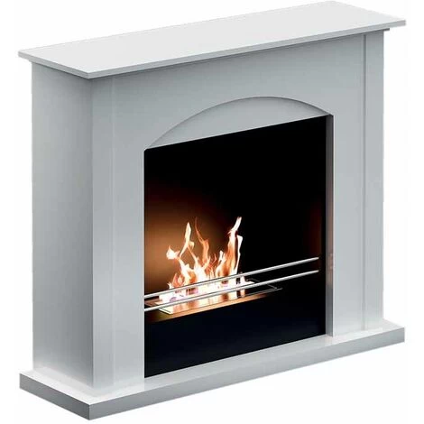 Firenze Freestanding Bioethanol Eco Fireplace With Wood Fire Surround - 30L X 100W X 90H - Timber/Stainless Steel - White