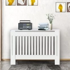 Living Room Radiator Cover Cabinets, MDF Wooden White Painted Vertical Slat Cabinet Shelve Grill Furniture, Tall Radiator Cover For Dining Room Bedroom Hallway