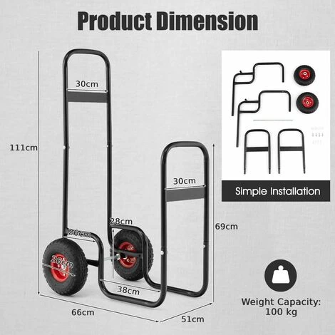Indoor Outdoor Firewood Cart Rolling Firewood Log Carrier W/All-Terrain &Wheels - Image 2