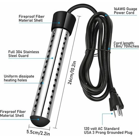 Immersion Water Heater, 1500W Submersible Immersion Water Heater With 304 Stainless Steel Full Guard, Bucket Heater Heats 5 Gallons Of Water In Black Mimutes。。 - Image 2