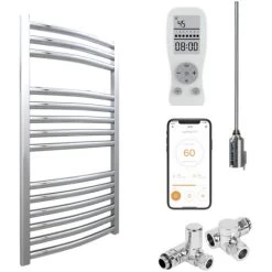 Bray Curved Chrome Dual Fuel Towel Rail With Thermostat, Timer + WiFi Control, 800-500