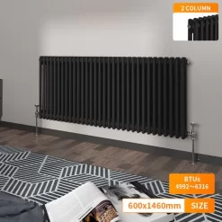 NRG Black 2 Column Traditional Cast Iron Style Horizontal Vintage Radiator Rad 600 X 1460mm