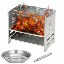 Potable Stainless Steel Collapsible Wood Stove Outdoor Wood Burning Camp Stove With Liquor Tray And Bellows For Picnic BBQ,Silver,