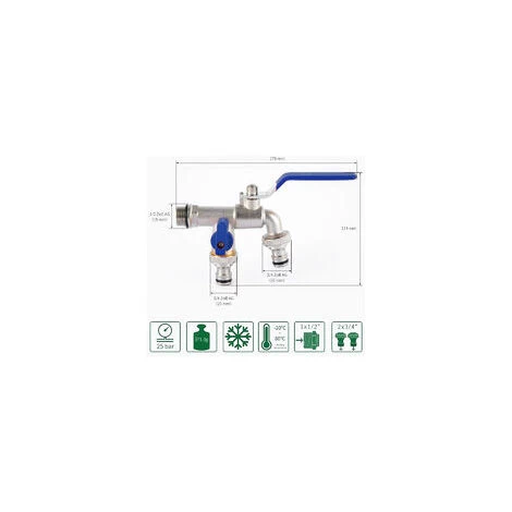 Premium Tap With Double Outlet, 1/2 X 3/4 X 3/4 Dispensing Tap - Rust And Freeze Resistant With 2 Hose Connections For Garden, Washing Machine Or Cisterns. - Image 2