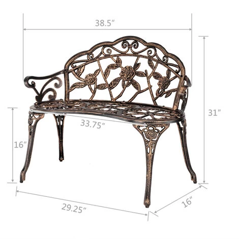 Fitprobo 38.5" Cast Aluminum Metal Park Bench, Outdoor Bench With Floral Rose, Front Porch Outdoor Furniture For Patio, Decorative Park, Lawn, Yard (Copper) - Image 5